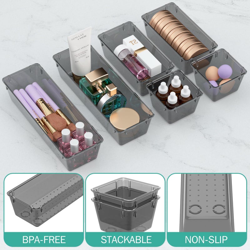 WOWBOX 6 Pack Clear Drawer Organizer Set  Acrylic Drawer Storage Trays  Storage Bins for Makeup  Cosmetics  Jewelries  Utensils  Gadgets  Office  Black - Image 3